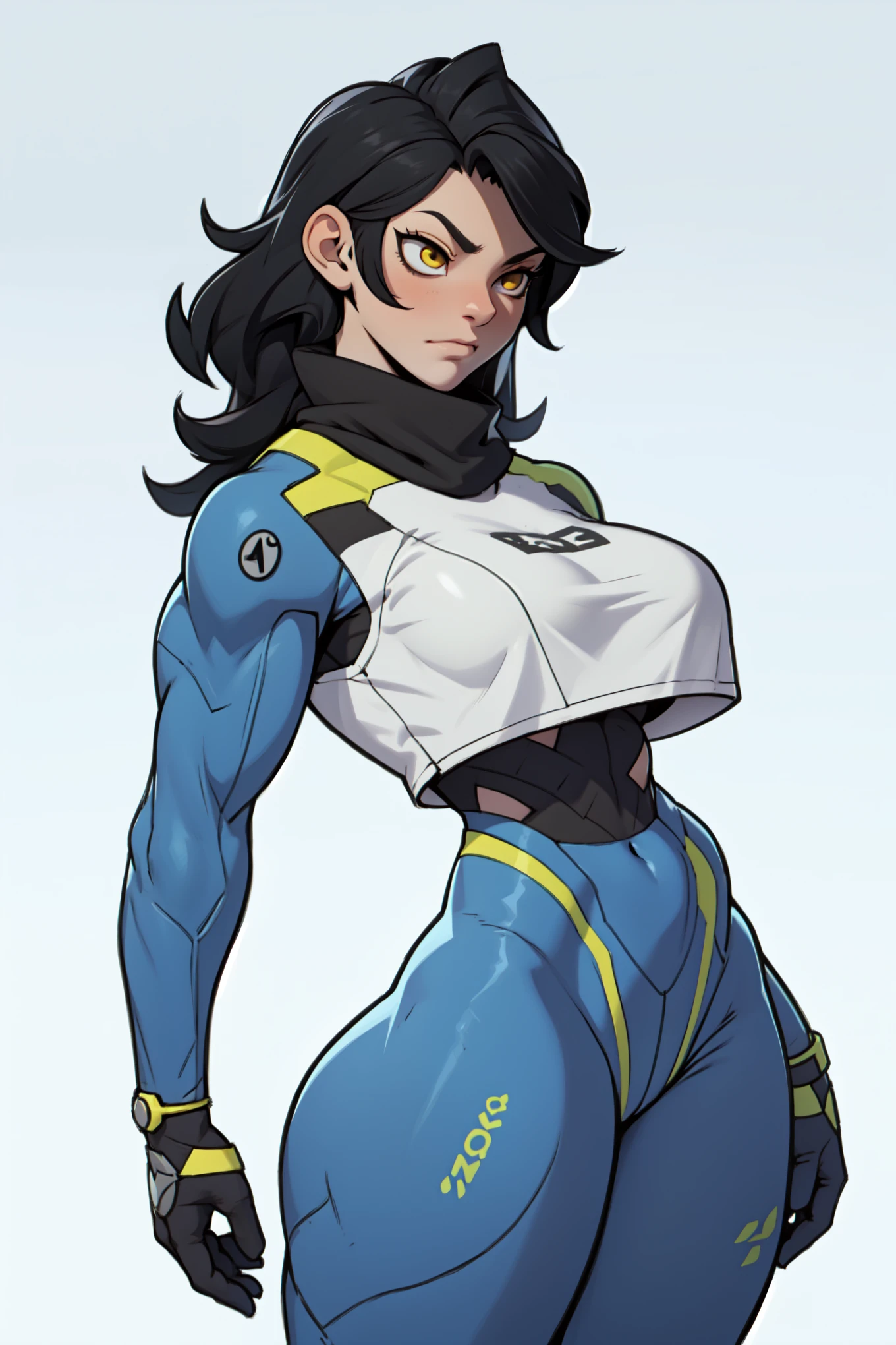 (((muscular))) large breasts curvy wide hips thick thick thick toned body female sad frowm blush pale skin black hair hair between eyes yellow eyes