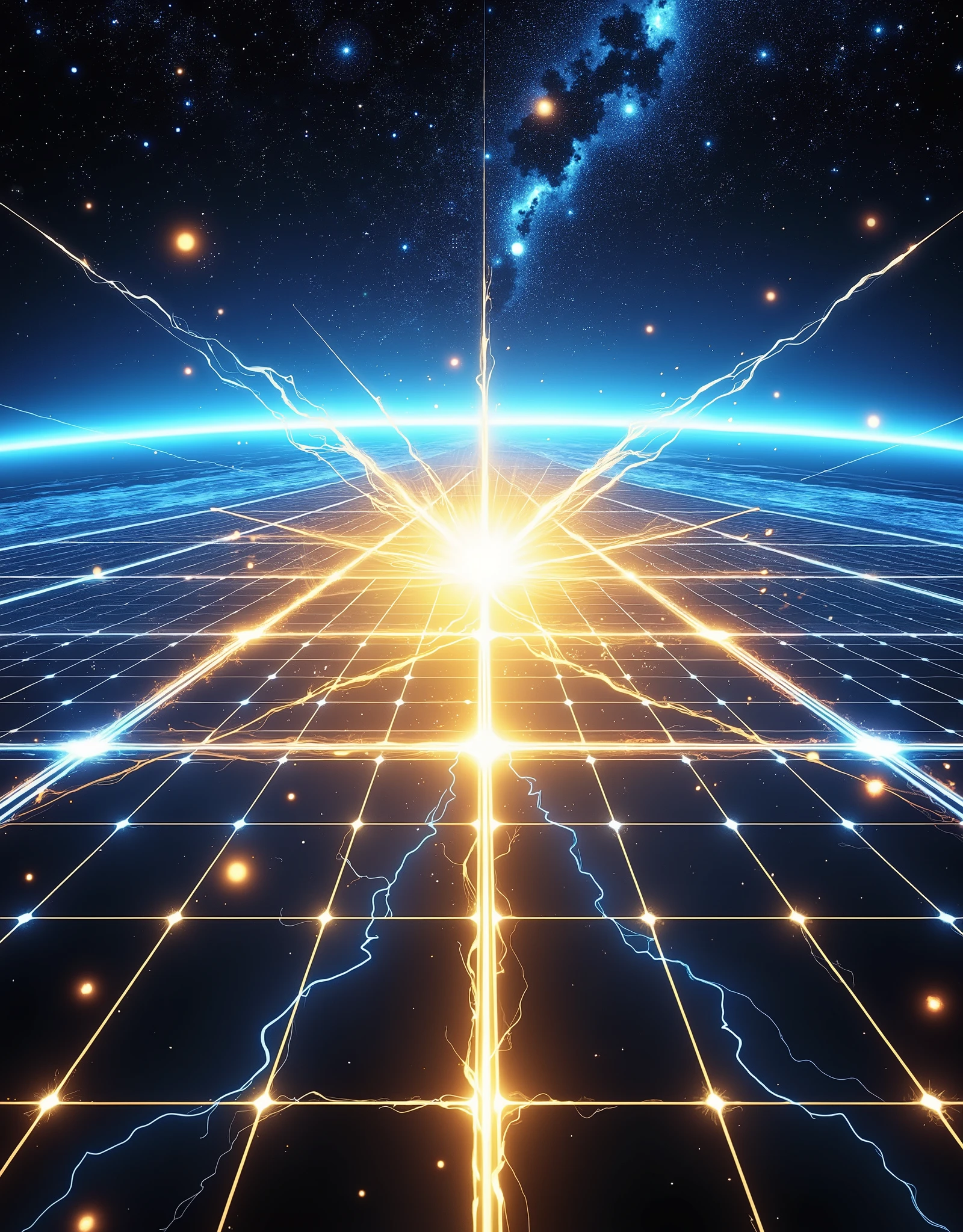 Very Beautiful Blue and Gold, Painting-like Sky, Dark Outer Space, Gold Solar Panel, Solar Ray, Artwork High Quality, realistic, Extremely detailed, professionals under the umbrella, HDR, Generative Base Drawing, clear focus, vivid colors, Bokeh, Blue Gold Composition, Dusk Light, sun rays , shining outer space, abstract art, Digital Illustration
