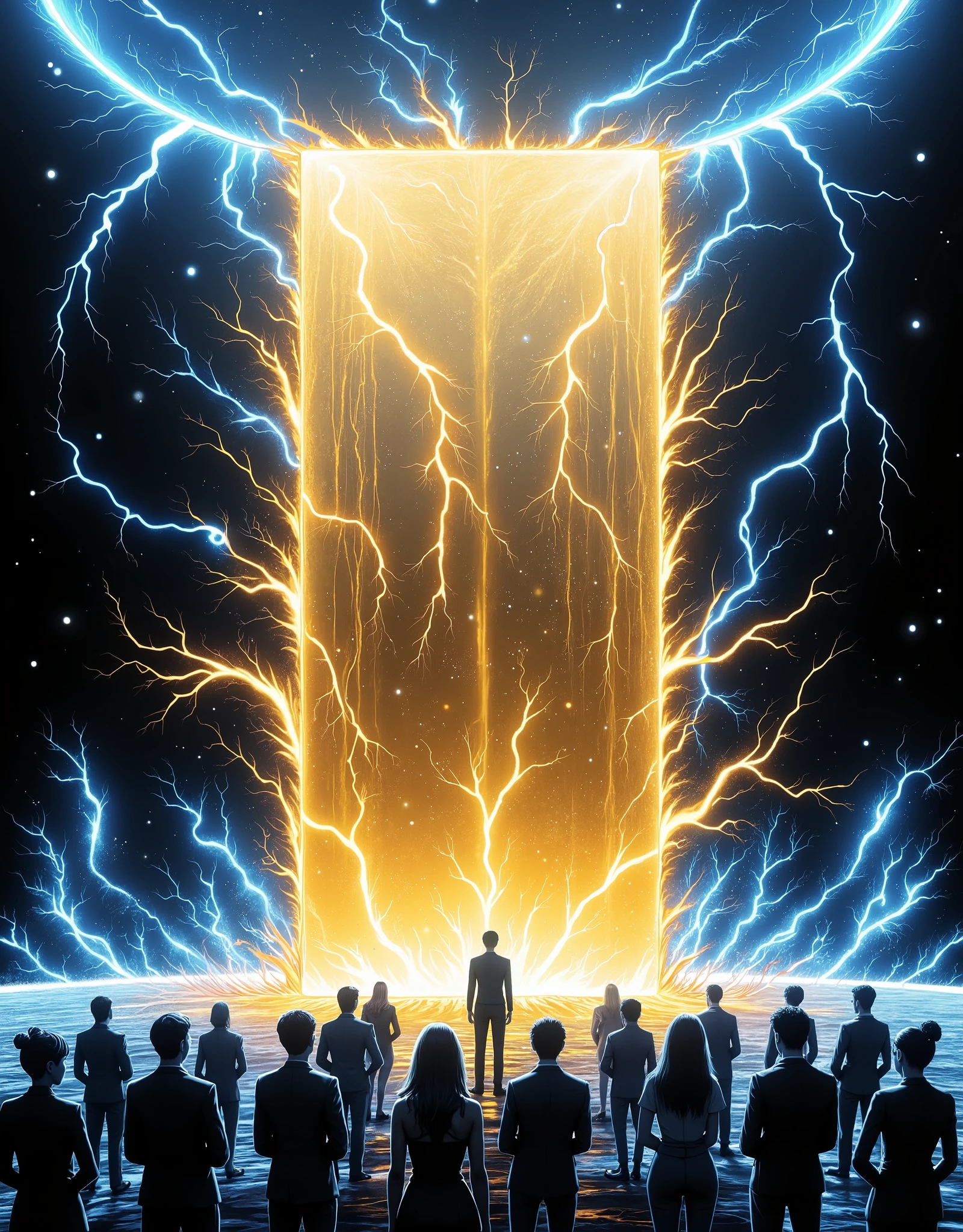 Very Beautiful Blue and Gold, Painting-like Sky, Dark Digital Space, The Golden Panel, The Collapse of the Electronic World, Artwork High Quality, realistic, Extremely detailed, professionals under the umbrella, HDR, Generative Base Drawing, clear focus, vivid colors, Bokeh, Blue Gold Composition, Dusk Light, sun rays , shining outer space, abstract art, digital illustration