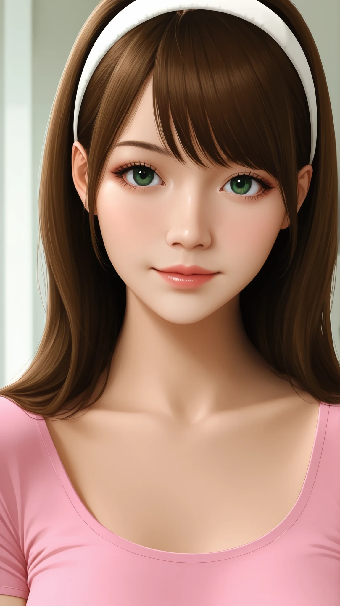 A beautiful adult woman with long brown haired with full-spiky bangs, beautiful green eyes, medium chest, wear white hairband, wear a pink shirt with scoop neck and short-sleeved, portrait, front-face view, realistic