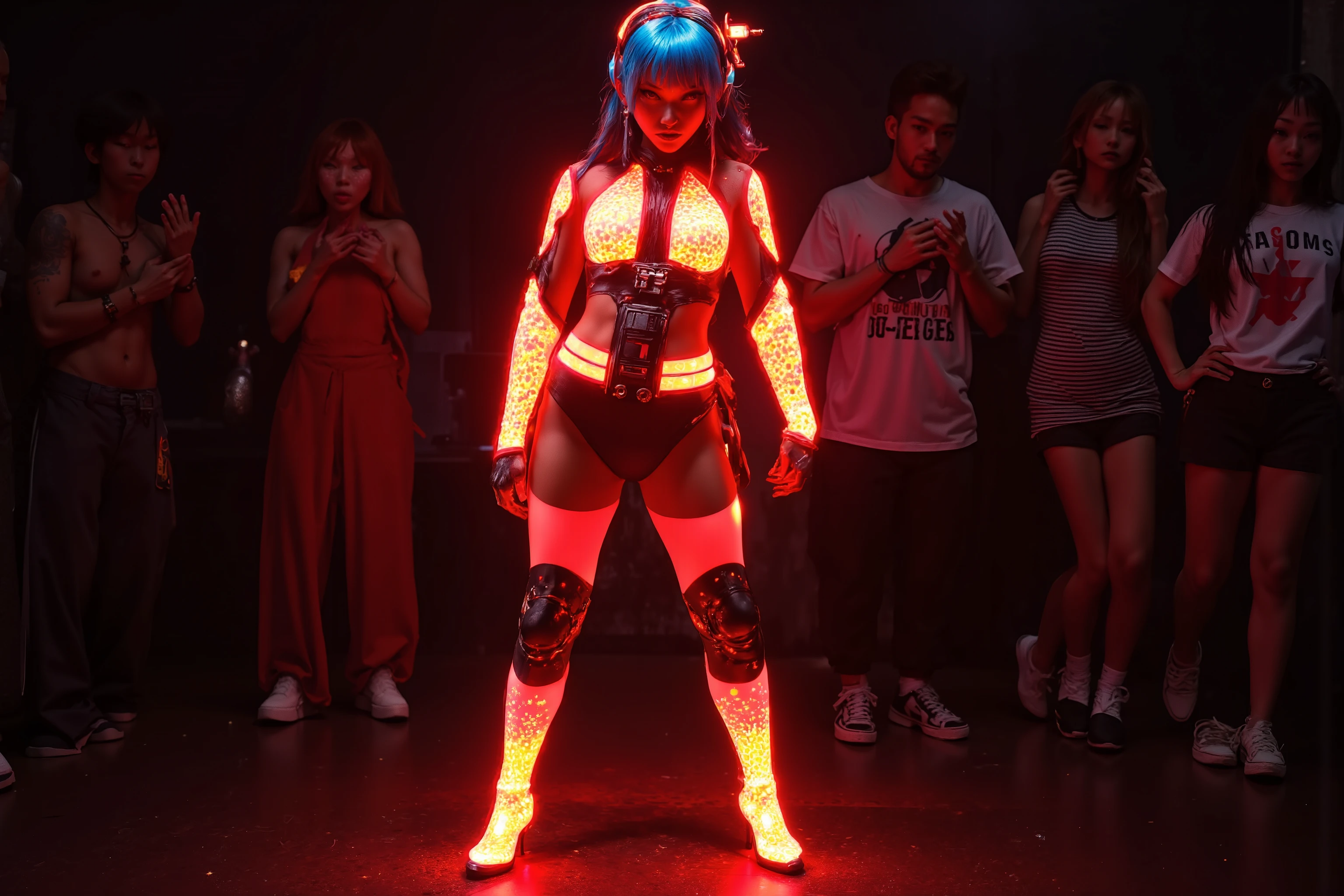 cute woman wearing (sexy sectional Star Wars Darth Vader inspired outfit with red neon high lights, sci fi short boots glowing, utility belt, electronic hairband with antenna, matching glowing star sparkle body paint), she is a fashion model in the spotlight, the crowd is in shadows