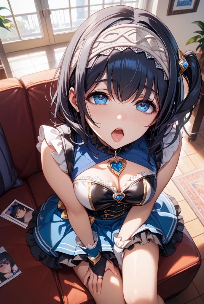 ((fumika sagisawa))、sfw,Perfect Face、(hair band)、sofa、((Embarrassed、blush))、((head shot)),((???????))、(??????? face),(Face turned to the side、Turn away from the viewer),sexy、Sweat、