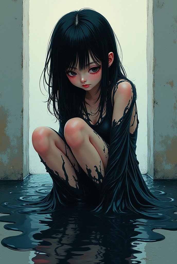 1 girl, emo_hairstyle, Red lipstick, collar, Eyeliner, eyeshadow, smoky eyes, realistic lighting, school, shirt , tie, skirt, Black Stockings, long hair, flat chest, shiny skin, bukkake, peeing self, pissing stream between legs, , idol girl, very young, cutie, very skinny, anorexia
