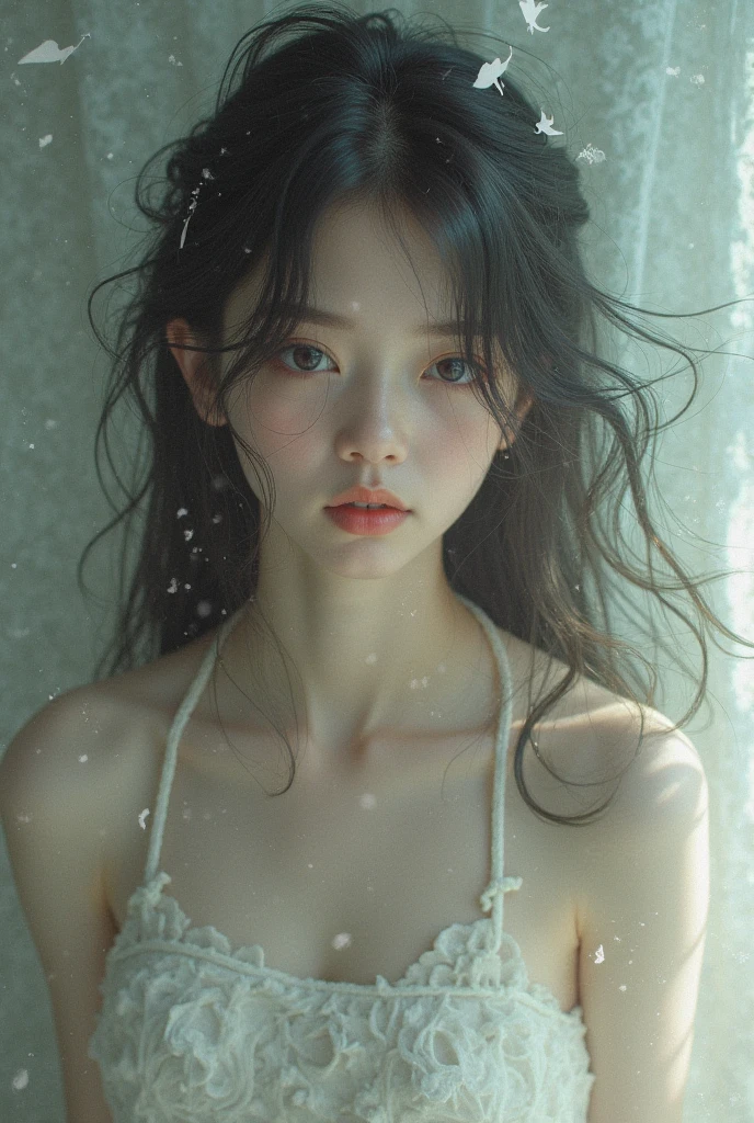 ((Best quality, 8K, masterpiece:1.3)), Beautiful woman with perfect body:1.4, Cleavage highlights:1.5, (Perfect breasts:1.2), (wet clothes:1.5) , Drawstring:1.4, Delicate eyes, Double eyelids,Snow white skin,Long gray hair
