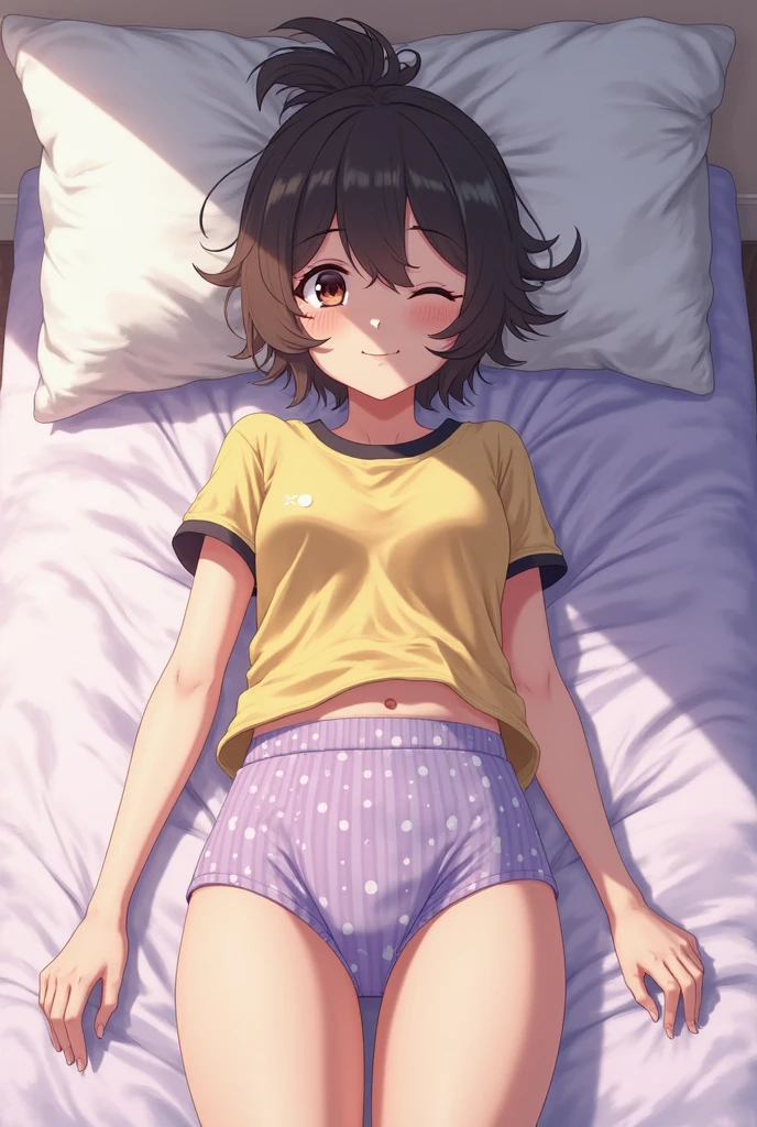 nakasu kasumi, bob cut, light brown hair, short hair, blunt bangs, crescent, crescent hair ornament, hair ornament, hairclip,pink pajamas,tank top, short shorts,pov sleeping on bed,arms up,midriff, cowboy shot, sweating
