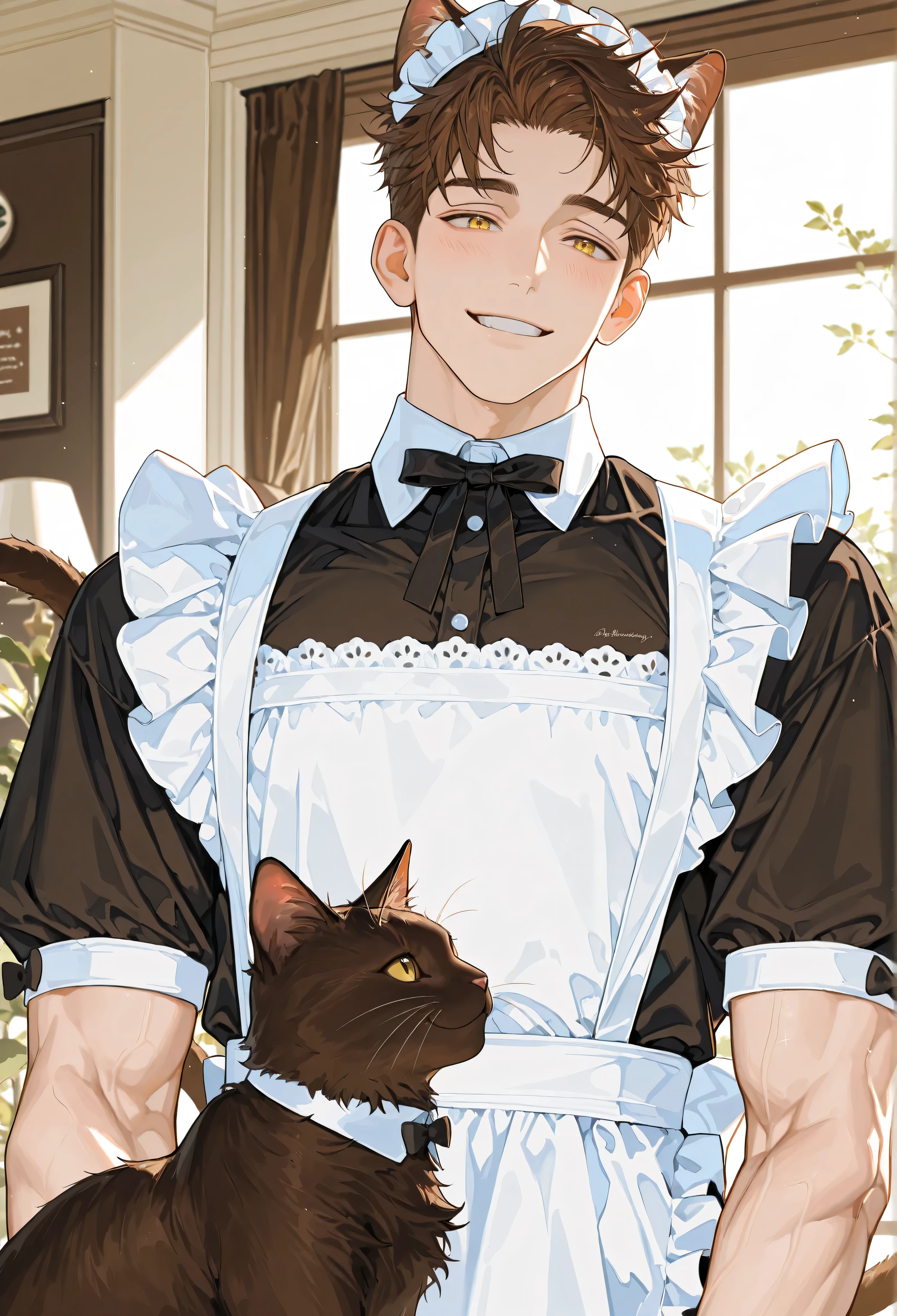 1 male, 28 year old male, handsome, adult, mature, beautiful masterpiece, brown hair, yellow eyes, short hair, sports hair, healthy beauty, smiling, wearing white maid outfit, lace, brown cat ears, brown cat tail, refreshing, alone, background is maid cafe, dark paint, perfect eyes, top quality, amazing quality, exquisite details, perfect eye shape, tall, pectoral muscles, muscle, healthy beauty