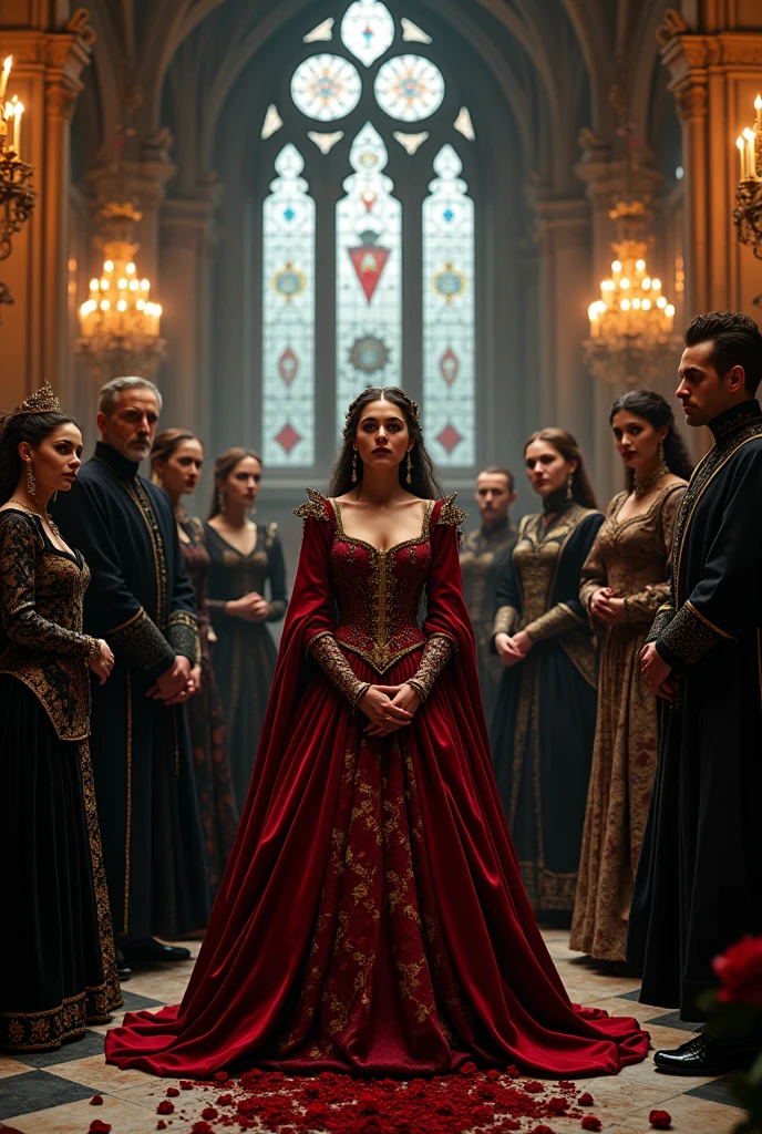 Queen Anne, resplendent in her velvet gown and pearls, sits upon her throne, her eyes flashing with anxiety as she whispers secrets to her loyal lady-in-waiting, Constance Bonacieux. Meanwhile, the sinister Cardinal Richelieu lurks in the shadows, his eyes fixed on the Queen with a calculating intensity, as he weaves his web of intrigue and deception