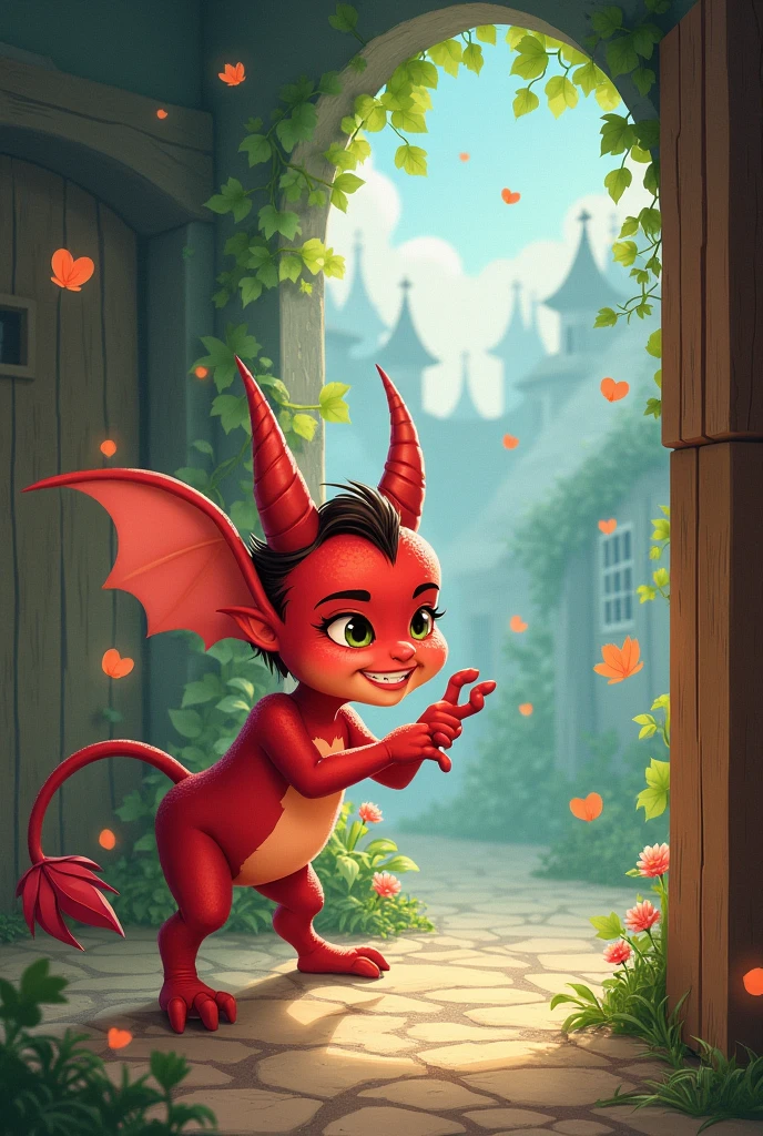 A male dragon with large brown wings lying down with a vampire with red hair and a sexy short black dress, both in chibi form