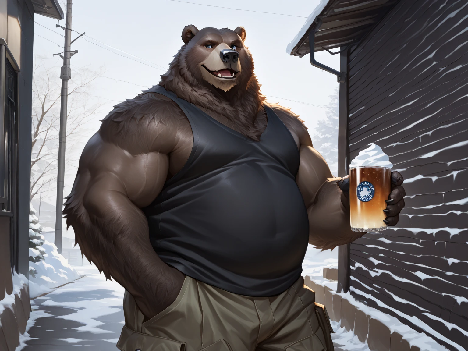lucusold, lanxus, a man with a huge belly, furry white bear, polar bear, fat ripped:1.2, chubby, more chubby, smile, sitting in front house, Atlantic, snow, beer, holding beer, thicc, lowres, giant and fat, danbooru and artstation, heavy detailed, insanely inflated hips, topless, shorts, proportionally arms, fluffy chest, commission for high res, detailed but rough, semirealistic:1.3
