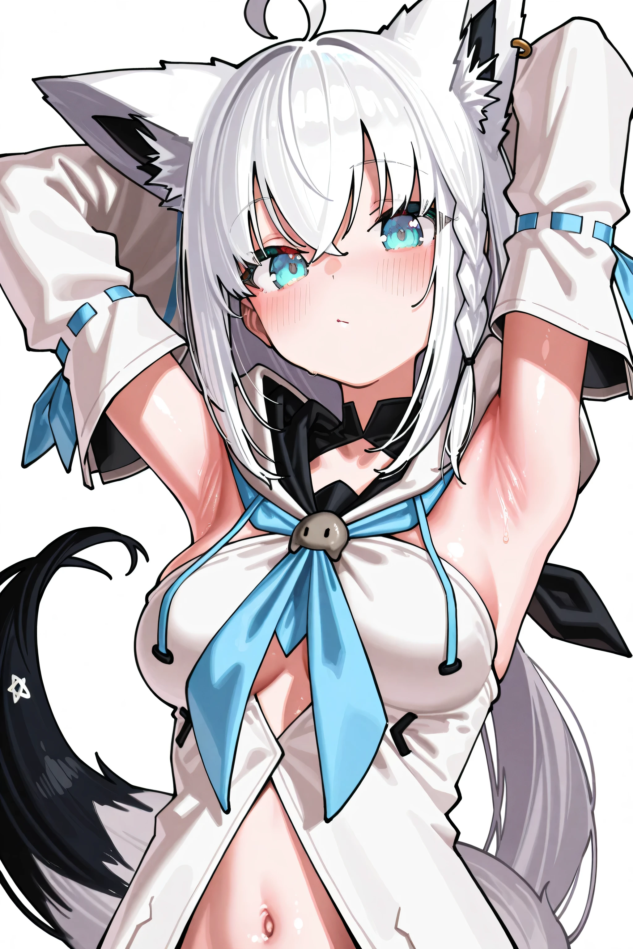kmj-anonstyle, [artist:yoneyama mai], [artist:kanzarin], [artist: ekrea_jan], masterpiece,best quality,amazing quality, 748cmstyle, solo, eye focus, hololive, shirakami fubuki, shirakami fubuki (t costume), 1girl, :/, ahoge, animal ear fluff, animal ears, armpit focus, armpits, arms up, blue eyes, blue neckerchief, blush, braid, breasts, closed mouth, detached sleeves, fox ears, fox girl, fox tail, hood, hood down, hoodie, looking at viewer, medium breasts, midriff, navel, neckerchief, presenting armpit, side braid, sidelocks, simple background, solo, tail, upper body, virtual youtuber, white background, white hair, white hoodie, white sleeves