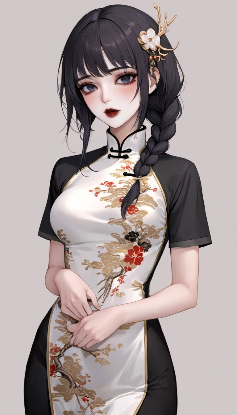 Masterpiece, top-quality, the best quality,1girl, solo, crossed arms, dress, white background, black hair, long hair, looking at viewer, simple background, chinese clothes, long sleeves, breasts, china dress, hair bow, cowboy shot, bow, red lips, side ponytail, parted lips, floral print, bangs, ponytail, blue bow, black dress, standing, lips, side slit, medium breasts, white shirt, shirt, belt, black eyes,watching the audience