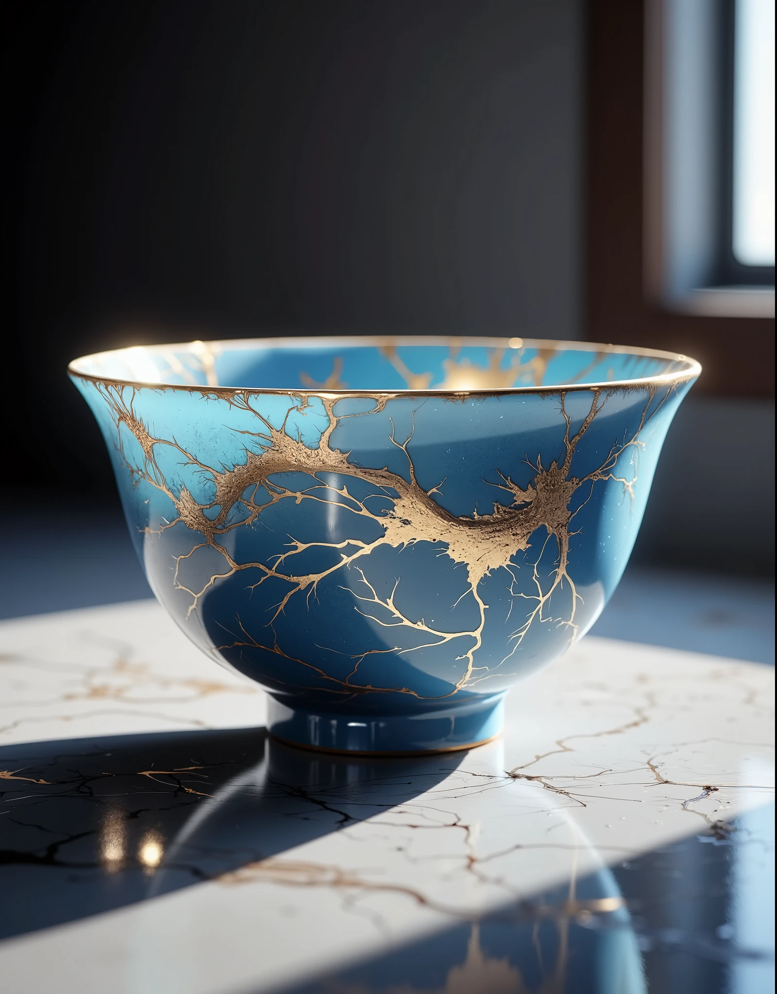 High Quality, 4K, 8K, Exquisite Details, Gold Leaf on a Blue Teacup, Ceramics, art, Japan, Exquisite Pottery, Handmade Luster, Japanese Textures, Traditional Crafts, Craftsmanship, perfect work, Masterpiece, real, realistic, Advanced Lighting, HDR, UHD, vivid colors, bokeh effect similar to