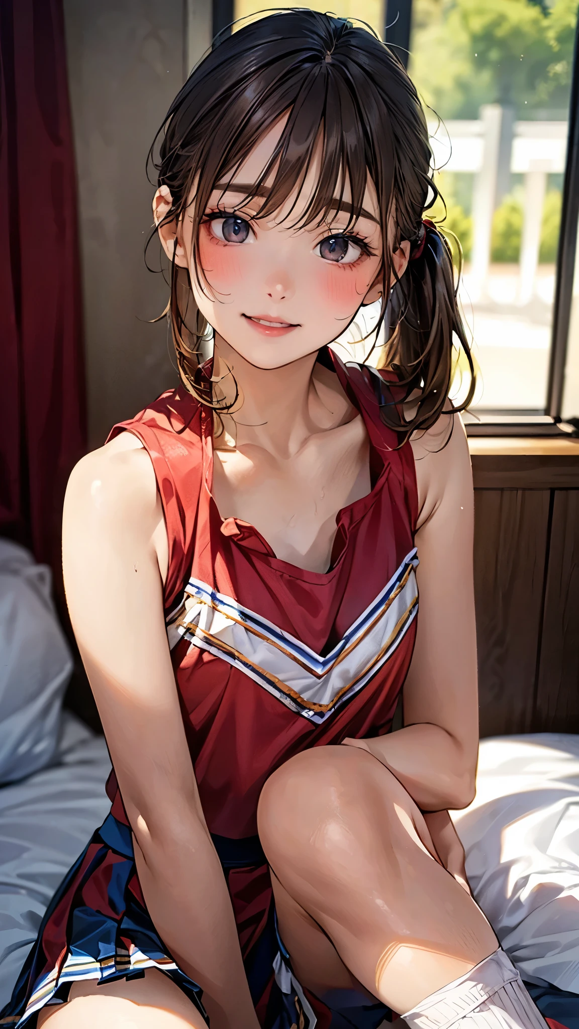 (masterpiece:1.3, top-quality, ultra high res, ultra detailed), (realistic, photorealistic:1.3), beautiful illustration, perfect lighting, natural lighting, colorful, depth of fields, 2025s, ,
beautiful detailed hair, beautiful detailed face, beautiful detailed eyes, (perfect anatomy, anatomically correct, super detailed skin), pink skin, shiny skin,
looking at viewer, (face focus, upper body), 1 girl, high school girl, cheerleader, cute and symmetrical face, perfect face, perfect eyes, perfect body, babyface, cute face:1.2, tiny,
(middle hair, side ponytail, long sidelocks, light brown hair), swept bangs, blue eyes, slant eyes, long eye lasher, (medium breasts, narrow west, seductive thighs), skin dentation,
(detailed cloth texture), (red pleated skirt, shoes, sleeveless, sleeveless red shirt, white socks, cheerleader), sexy underwear, heart mark underwear,
(beautiful scenery), summer, night, detailed background, (love hotel:1.5), on the bed, cowgirl, (pose with movement), (lovely smile, shy, blush, parted lips),