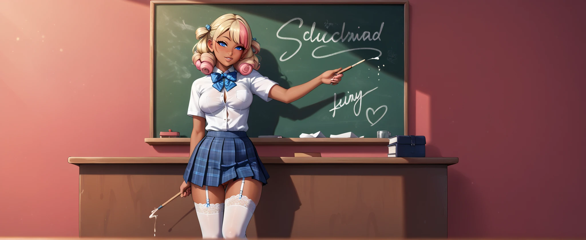 Billie Eilish, masterpiece quality, (masterpiece quality:1.3), high res, realistic, lots of detail, alone, 1girl, (1girl:1.9), solo, in a college classroom, in a classroom, college students in background, chalkboard in background, long hair, platinum hair, (platinum hair:1.5), wearing college uniform, wearing choker collar, wearing black lace bra, wearing red plaid skirt, (miniskirt:1.5), bare legs, (bare legs:1.5), thin body, wide hips, small breasts, (average breasts:1.5), lots of cleavage, worried, (worried face:1.5),