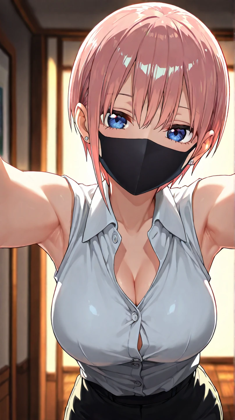 (Highest quality, 4K, 8k, High resolution, masterpiece:1.2), Very detailed, Picturesque, Anime-style photos, Photo Animation:1.37)、Pink Hair、Black mask on face、((Pixie Cut))、Nakano Ichika、Knit dress、Private room、flat, Slack, Wide chest gap、Photographed from the front
