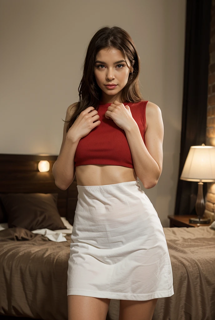 Show entire body, feet in view, realistic school girl Barbie doll, looks like an 18yo Eva Mendes, hair in Asian style bun with chopsticks, pantyhose, plaid dress, no shoes, bedroom
