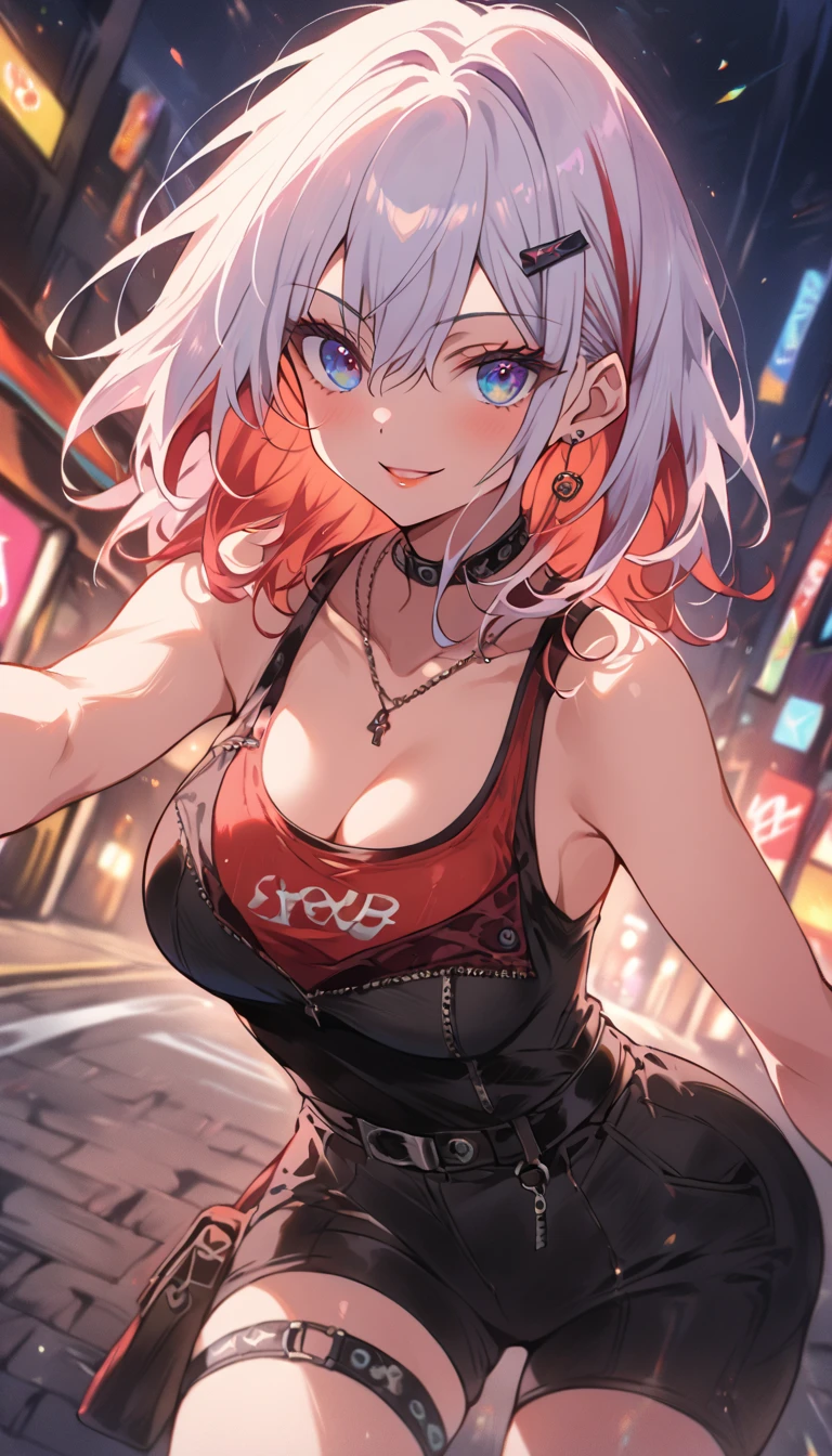 best quality, realistic:1.37, ultra-detailed, an anime girl in the summer, white hair, short hair, tomboy hair, red eyes, detailed eyes, beautiful, smile, laugh, bright smile, charming, black tank top, large breasts