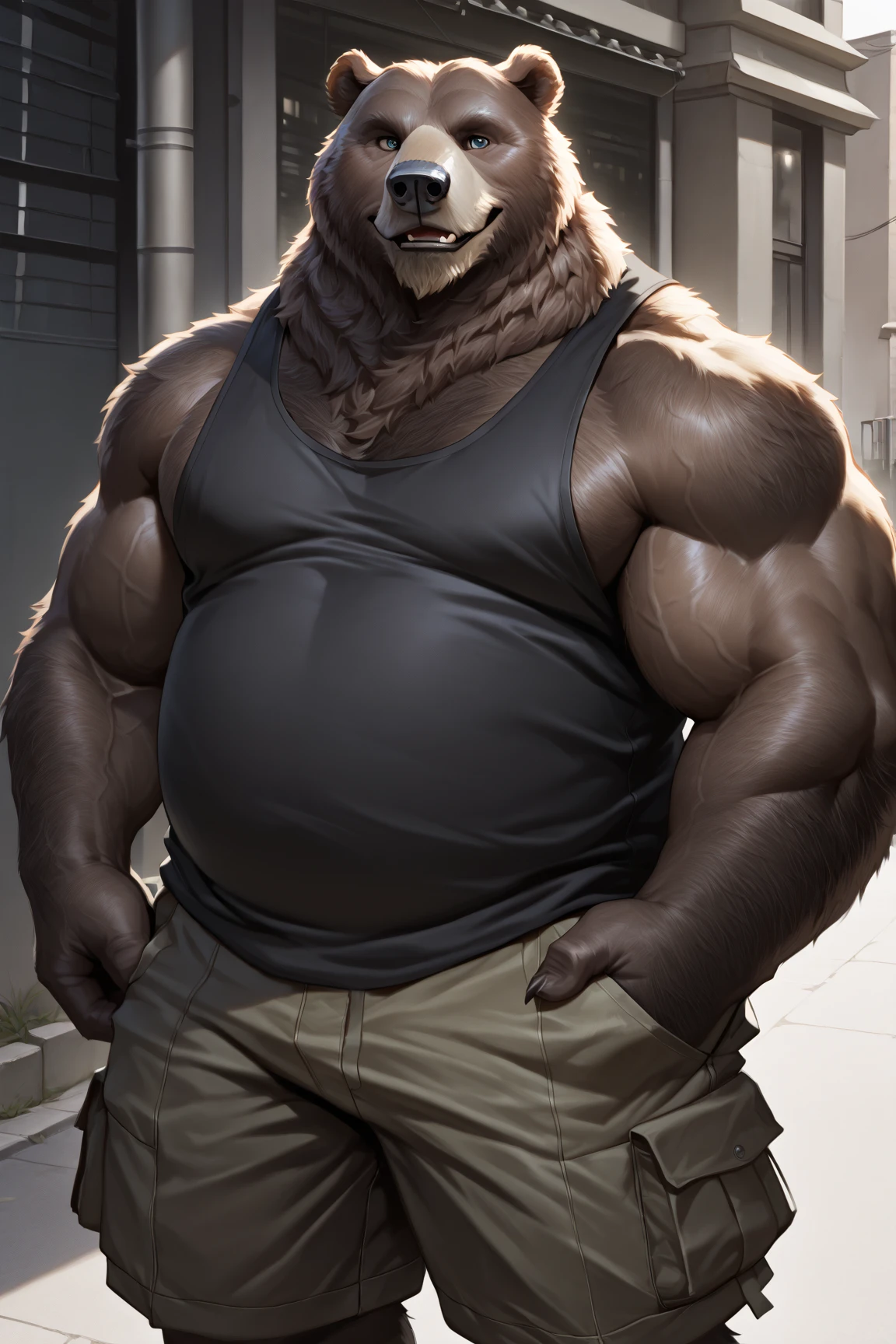 a huge muscular old bear with glasses, brown furry hairy pectoral, huge wide pectoral, short white hair, short black pants and shirtless, topless, bearded with mustache, simple background, (best quality,4k,8k,highres,masterpiece:1.2),ultra-detailed,(realistic,photorealistic,photo-realistic:1.37),solo,1boy