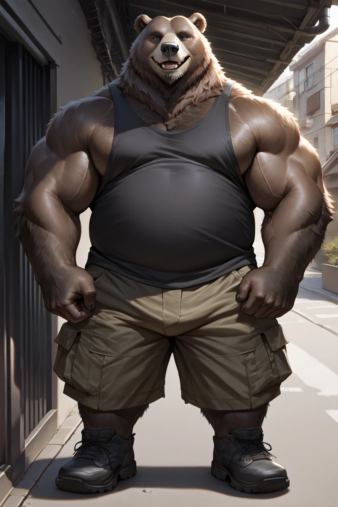 chubby old grizzly bear in , grizzly bear, thick arm, huge arm, heavy thick brown fur, bearded. white hair and beard, bearded, muscular, pectoral, wide pectoral, realistic, 8k, masterpiece, (wearing gym shorts and tank top, gym shoes)