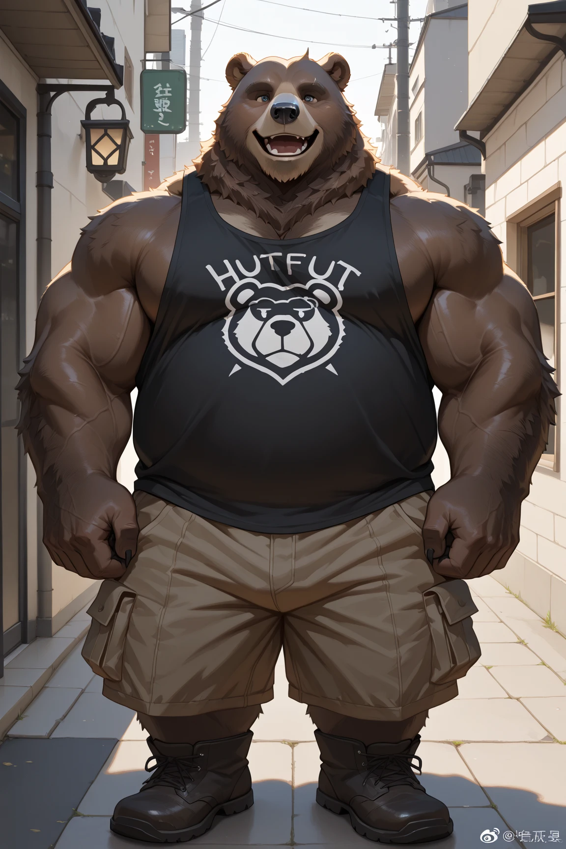 (short:1.3), solo, anthro, male, bara, furry, rocket raccoon, dad bod, dilf, greying hair, whiskers, mature male, muscular, brown fur, raccoon tail, brown fur, salt and pepper hair, (chest hair:1.2), (mustache:1.3), elbow tuft, chest tuft, brown eyes, walking, tank top shirt, dad gut, masterpiece, extreme detail, (futuristic city:1.1), outside, park, science fiction, natural light, masculine, sandals, low-cut chest, extreme low-cut dropped side holes