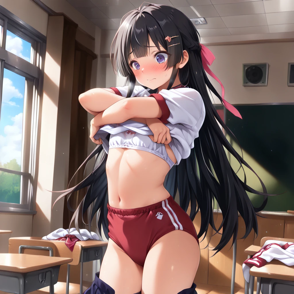 masterpiece, ultra quality, ultra sharp, ultra detailed, 1girl, solo, (((good anatomy))), haduki kurumi, (tattered torn dripping wet white gym shirt), navy gym pants, animal ears, randoseru, name tag, Japanese anime pose, laugh, BurumaShorts, Buruma, Gym Uniform, (((lying:1.4, spread_legs, legspread, split_legs, spreading legs)), (randoseru backpack:1.4), (smirk smile), buruma, blue buruma, black buruma, (cameltoe), (tattered torn short sleeve white gym uniform with colored hem), (tiny nipples), (white long loose socks), strong lighting, legspread, bukkake, cum on clothes, cum on legs, cum on buruma, cum on bloomers,