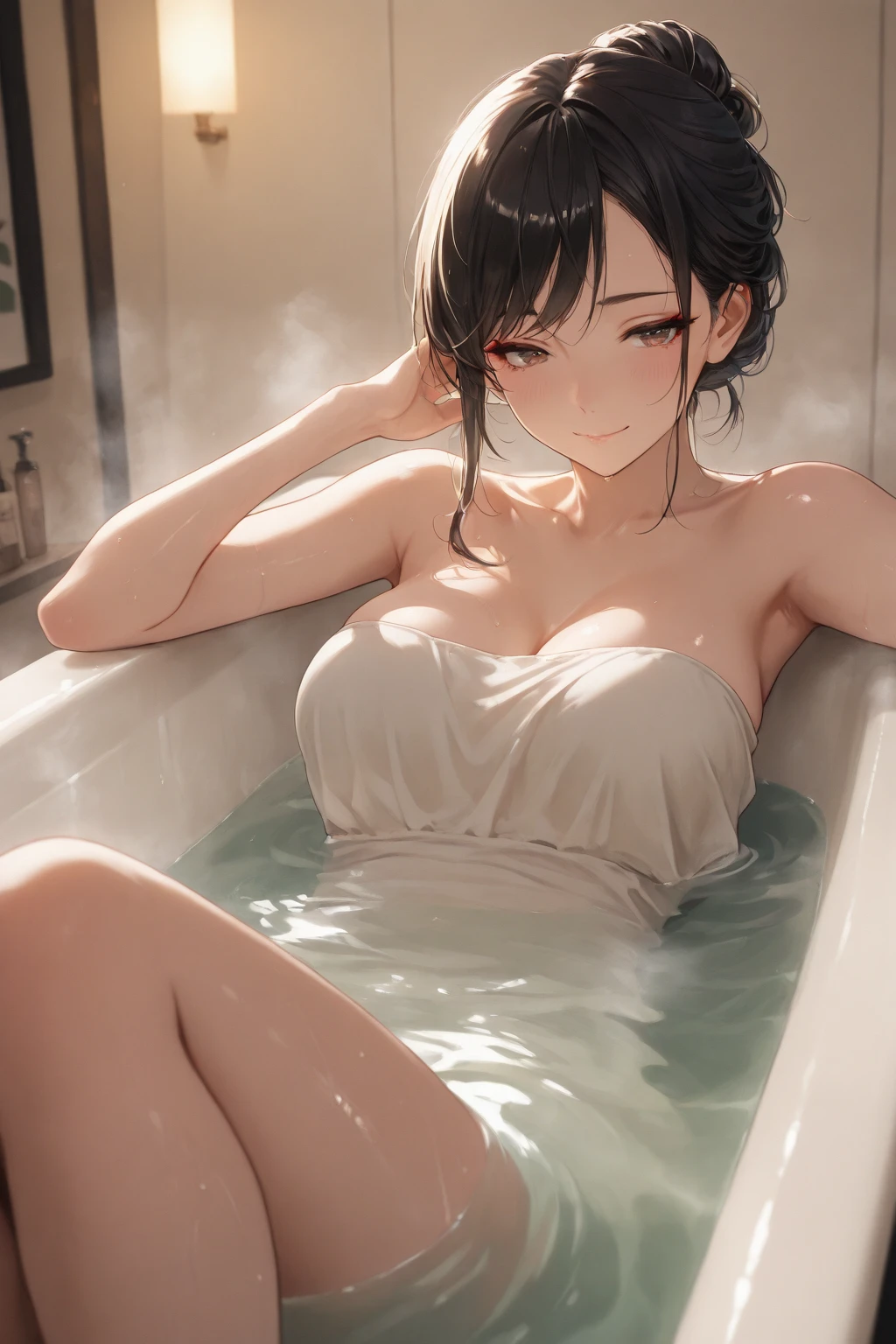 1girll,In the bath,Banana in hand,delicate and beautiful face,Various hairstyles,crisp breasts,Convex buttocks,Wrapped in a soaked bath towel,Perfectly proportioned, 浴室,steams,bathtub,Cinematic lighting, film grains, Fujicolor, lightand shade contrast, 8K, masterpiece, Textured skin, Super Detail, high detal, High quality, hight resolution,Gentle smile