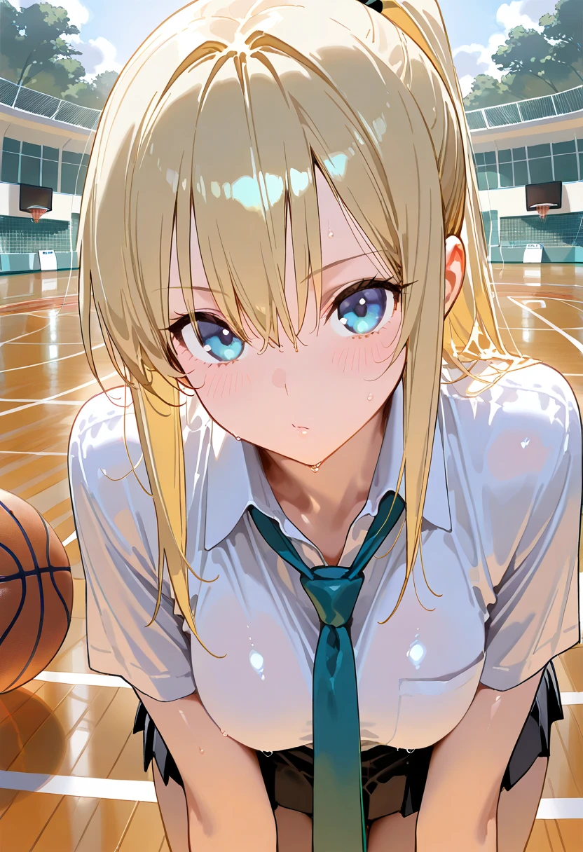 masterpiece, absurdres, best quality, ultra detailed, high Resolution, detailed illustration, bright colour, (extremely beautiful detailed face and eyes, Delicate beautiful face, 1 girl, cute face:1.3), (magenta eyes:1.1), sparkling eyes, big eyes, big breasts, (perky breasts:1.1), (pointy breasts:1.1), medium hips, glamorous body, white skin, BREAK, (blonde hair:0.8), messy hair, detailed hair, shiny hair, BREAK (down blouse, Tennis uniform:1.3), perfect lighting, (embarrassed:1.3), (ecstasy, vulgarity:1.5), (trembling:0.8), Tennis court,