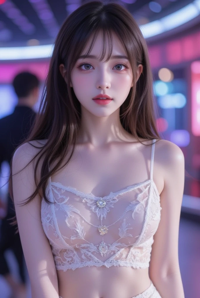 ((masterpiece: 1.4, best quality))+,(ultra detail)+, official art, unity 8k wallpaper, ultra detail, beautiful, high quality, Highlight your cute face, masterpiece, best quality, (Semi-straight medium length hair:1.5), (((Always a professional wrestling ring:1.4))), (Lingerie that reveals lace in a very light coral color:1.5)), (((bust:1.5))), High exposure, skinny body,masterpiece, high quality, 8 thousand, beautiful spotlight, (glowing skin:1.3), no. No. 1 girl group idol in Korea, ((vivid:1.5)), ((brown eyes, Light brown hair:1.3)), (Small and round breasts:1.2), ((colorful earrings, white neck choker, white short lace gloves)), small face, looking at viewer, ((Both cheeks turn red)), (Butt back exposed:1.5)