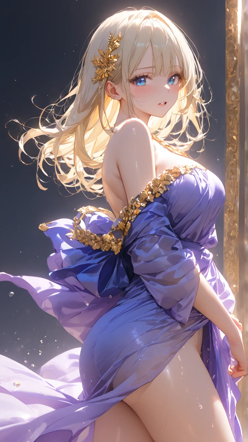 finest image, portrait, beautiful cute woman, amorous expression, lewd expression, ecstasy, orgasm, blonde braided bangs iridescent long hair, gold sparkling big eyes, red alluring moist big thick lips, Showing open clavege, big breasts, slender, perfect proportion, long thin legs, navy blue and white girly ruffle dress, skirt lift, white panty, thighs, background fantasy, a hill with a large tree full of fresh greenery, that emits fantastic light, light particles, light sparkles, petals, scatter gold and silver glitter and confetti, iridescent light particles, detailed and delicate depiction, professional lighting, ((Lumine from genshin impact))