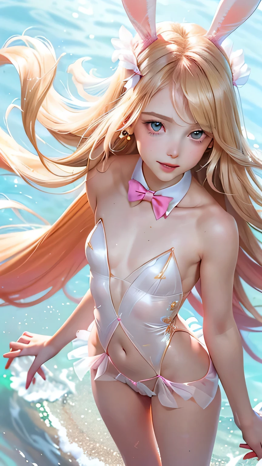 (lifelike: 1.4), (A Masterpiece, sidelight, Fine and beautiful eyes: 1.2), A Masterpiece*portrait, lifelike, 3D 顔, Luminous eyes, shiny hair, Skin falls out, solo, embaressed, (epigastrium), White underwear, microbikini, blonde hair, (small flat breasts: 1.5), slit in the crotch,nsfw:1.0, tiny breast