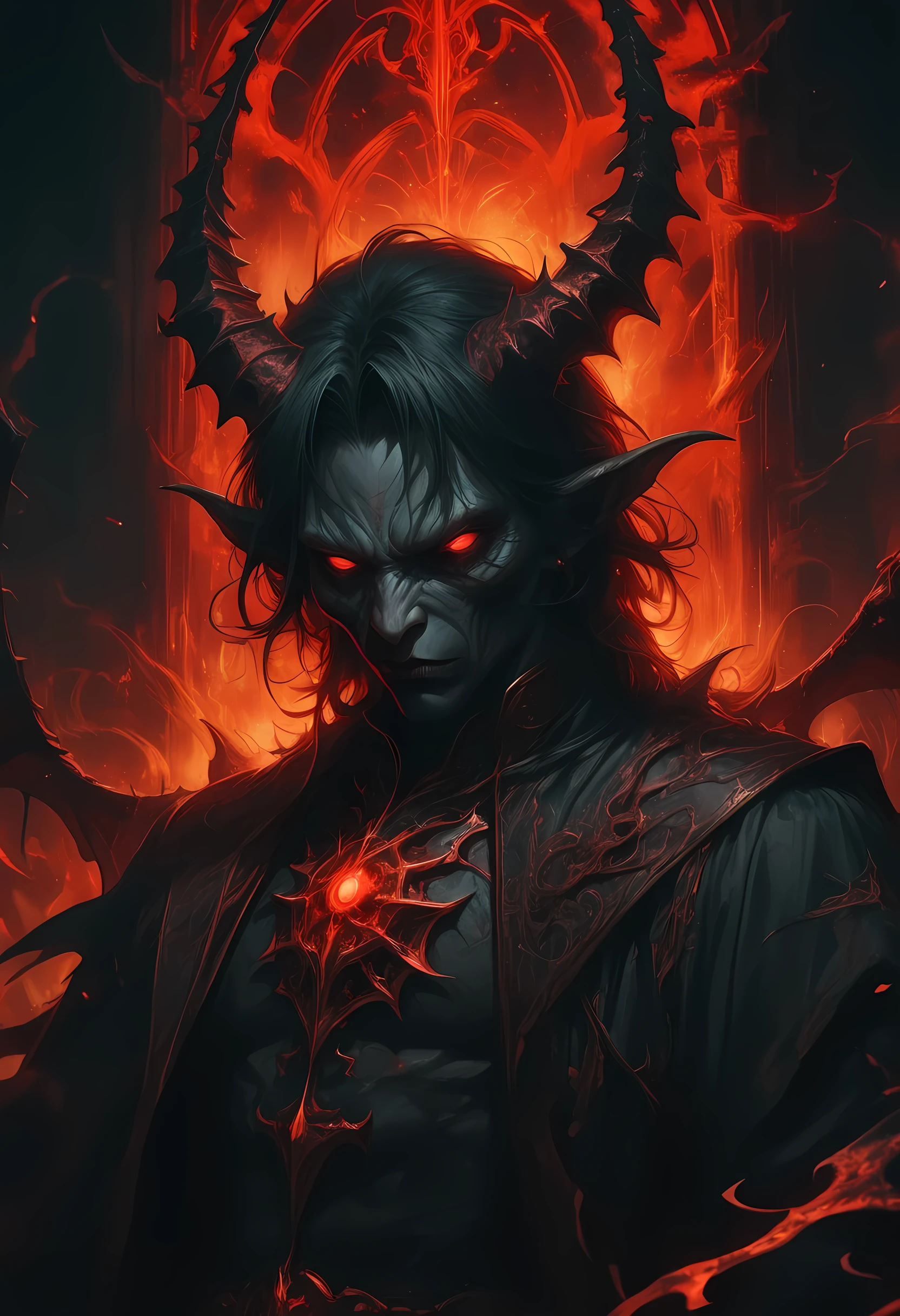FallenAngels, solo, long hair, blue eyes, black hair, 1boy, closed mouth, braid, male focus, horns, pointy ears, colored skin, red skin, facial hair, scar, demon horns, beard, scar on face, mature male, scar across eye, demon, demon boy, broken horn, bat wings, demon wings, black feathered wings, glowing, lightning bolts, magic, specular highlights, 4 point perspective, vantage point, embers, extreme light and shadow, masterpiece, official art, ultrasharp, outdoors, <lora:FallenAngels:0.8>