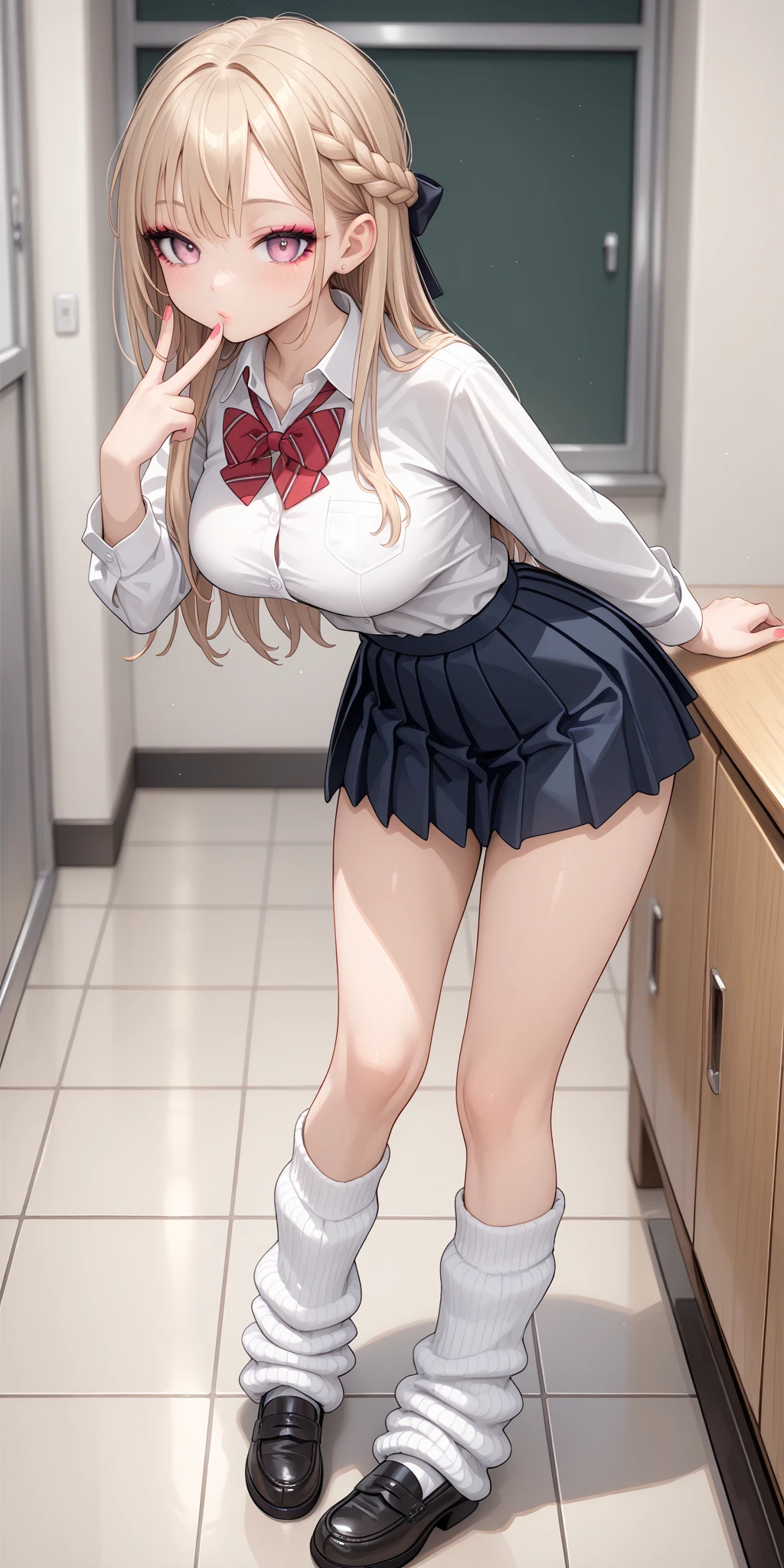 Bully student approaches me with a perverse face as I am a nerd, wearing short skirt, blonde hair, blue eyes, small firm breasts, long sexy legs, bad girl. very tall girl, photo from bellow her, bully, anger face