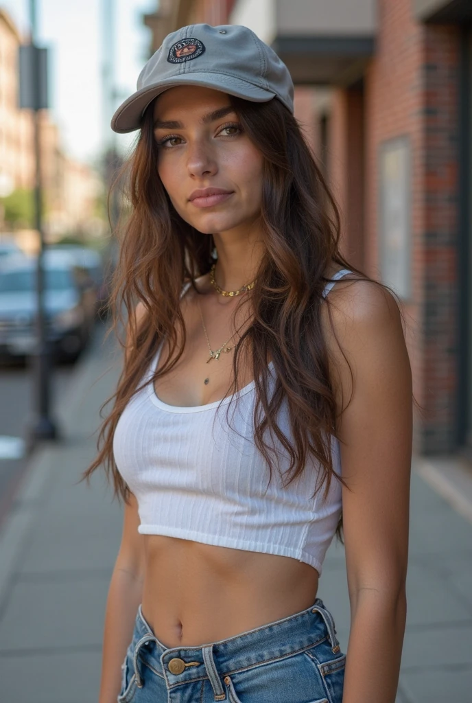 slightly tall young woman, light brown skin, light green eyes. Long brown braided hair, White graphic t-shirt, short jeans, necklace, black neck chocker, holding a black bag, transparent lipgloss, slim built, very beautiful, late adolescent, 19 years old, full body photo, long legs, walking in Los Angeles surrounded by the glitz and glamour of Hollywood. Sunny.