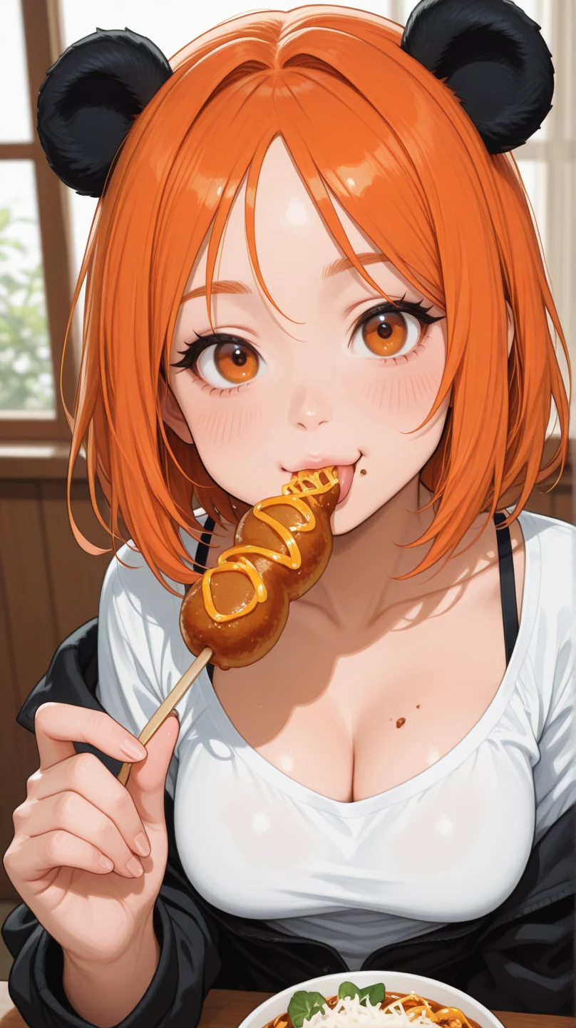 (8k uhd, masterpiece, best quality, high quality, absurdres, ultra-detailed,detailed face,detailed background),perfect lighting, 1girl,(solo:1.2), McGingerMom,orange hair,huge breasts,nipples,bobcut,(black eyes:1.25), white pupils,cowboy shot, indoors,mcdonald's, ,pubic hair,on table,spread legs, spread ,