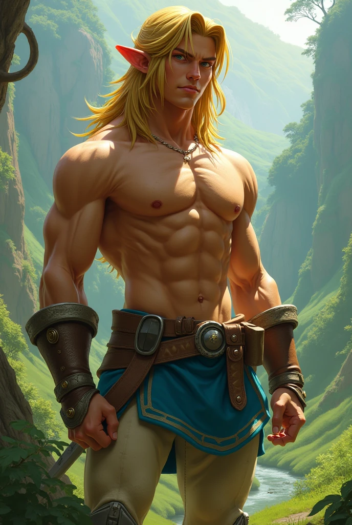 Highest quality, masterpiece, Ultra-high resolution,Detailed Background,alone,Jean-Claude Van Damme,Blonde,Blue Eyes,Long Hair,(loincloth), beard, an old man,temple