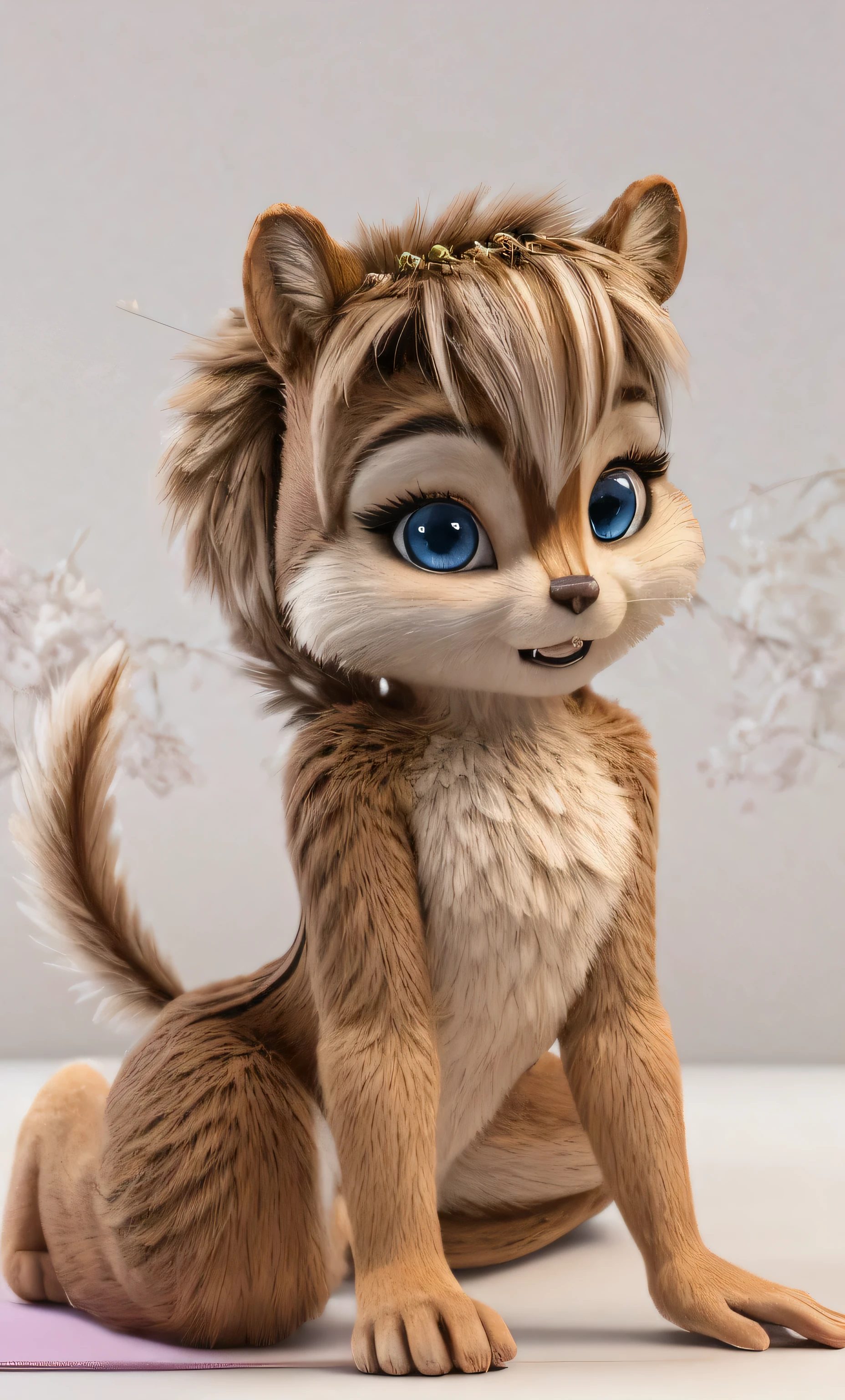 Brittany _Miller, One, realistic detail ,chipmunk ,fluffy, feminine,emotions, embarrassed,yoga, light erotica,18+, in his hand, an alluring playful look, calling , a hand gesture , erotic gestures, Flirting,young , white background , sexy body , 3D model, Small round chest , tail sticks out , fluffy, , stands at full height , directly at the viewer , prays (a little plump:0.3), Cute, (little ears), (short muzzle), long slanting bangs , a long bundle of hair at the back of his head, hair ornament ,gray-blue eyes, perfect lashes , beautiful eyes, detailed wool, perfect teeth