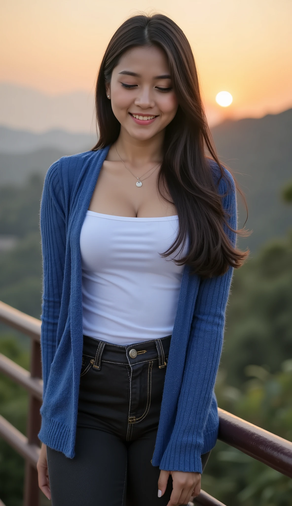 A beautiful indonesian female with long straight hairstyle, 25 years old. indonesian face, highly detailed beautiful face and eyes, attractive face, charming face, Full body, chubby body, white skin, medium breasts, cleavage, anatomically correct, black hair, long straight hair, hair covers ears. Wearing black jeans, white t-shirt and blue cardigan, necklace. Background overlooking a beautiful mountains in afternoon, sunset, orange light in the sky. Standing on the edge of bridge, facing forward, hands on thighs, closed eyes, smile showing teeth. Ultra detailed chubby body, highly detailed appearance, hyper quality image. Highly detailed background. Hyper resolution. Ultra high realistic image. 16k. Ultra detailed