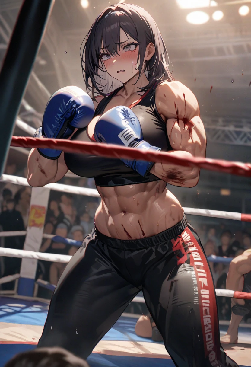 two bloody beautiful Japanese female heavyweight fighters are fighting in the octagon fighting ring of underground arena with audience. a fighter is attacking anoter one by body blow. survival battle. whole body picture. they are covered in scars and bruises. they are damaged terribry. Short-cut black hair, out of breath, drooling from mouth, one eye is closed, exhausted, drenched in sweat. Erect nipples. open finger glove. Ragged white and pink lined sports bra, high leg panty, Stockings. armwarmers. small breasts, armwarmers. Whittled waistline, muscular, six-pack abs, very thick arms and thighs, super huge tits.