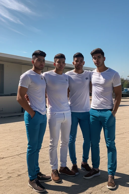 3 adolescentes guapos latinos, en boxers, with a very large and long bulge in the crotch. Con tatuajes, ojos azules, en el gimnasio, con ropa deportiva.