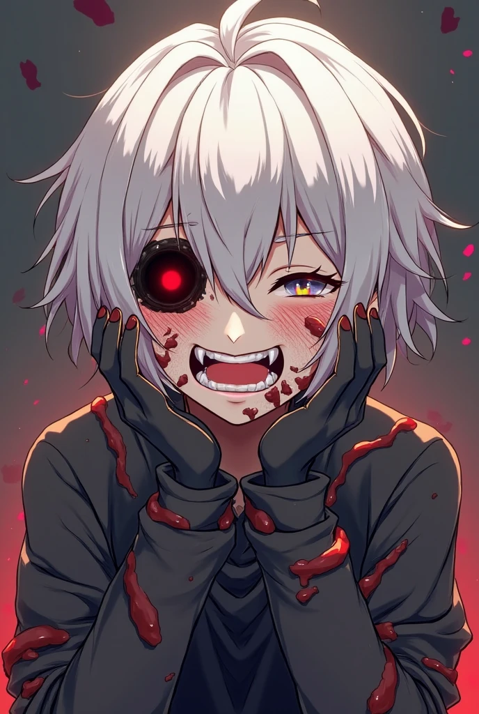 masterpiece,Highest quality,
//////////////One girl,alone,sharp teeth,teeth,Braiding,twin Braidings,Open your mouth,Grey Hair,View your viewers,Purple eyes,Long Hair,Horror \(theme\),Blood,Long sleeve,Upper Body,shirt,smile,
//////// ,