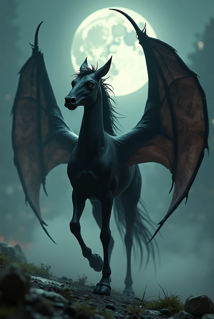 a winged creature with a horse's head, horns, red eyes, and a forked tail. It is said to inhabit the region's vast swamps and forests, and is associated with unexplained sightings and supernatural events.