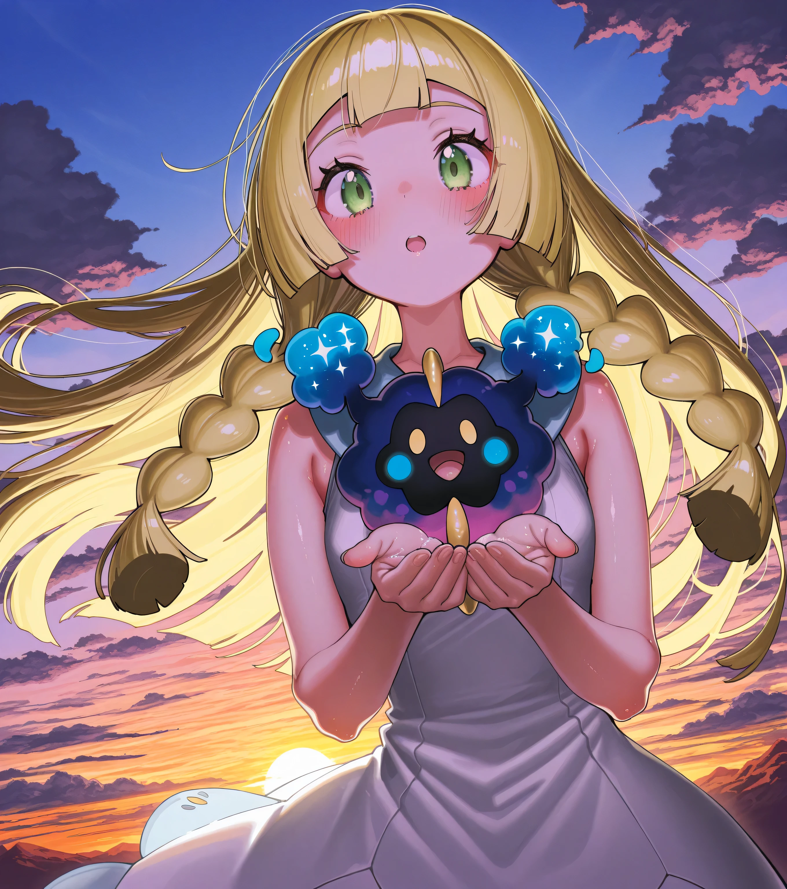 kmj-anonstyle, [artist:yoneyama mai], [artist:kanzarin], [artist: ekrea_jan], masterpiece,best quality,amazing quality, 748cmstyle, solo, eye focus, pokemon, pokemon sm, cosmog, lillie (pokemon), 1girl, blonde hair, blunt bangs, blush, braid, cloud, cloudy sky, cupping hands, dress, eyelashes, floating hair, green eyes, long hair, looking at creature, open mouth, own hands together, pokemon (creature), sky, sleeveless, sleeveless dress, solo, sunset, twin braids, white dress