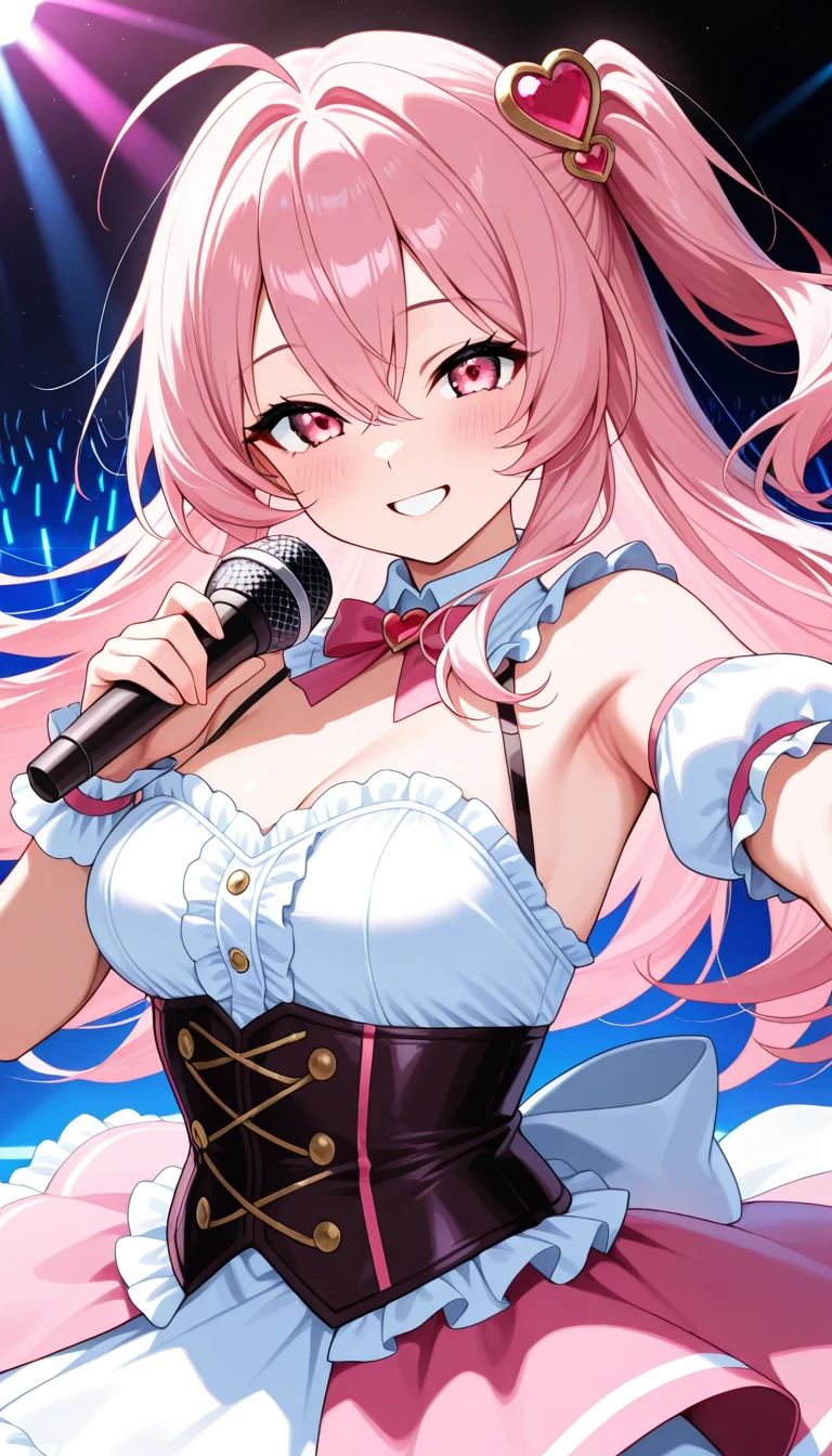 highest quality、High resolution、Detailed Background、(Beautiful face in every detail:1.4)、Anatomically correct、(Detailed facial expressions)、Teenage beauty、(Highly detailed face:1.4)、(Huge breasts:1.3)、Accentuate your cleavage、Show your side、A big smile、smile、
A sailor dress with a fluttering pink ribbon、A soft silhouette、Pretty figure、Cute gestures、
Standing on stage with big shining eyes、A sparkling smile that captivates the audience、A clear singing voice echoes through the venue、I was enchanted by the heart-tugging voice.、Her small hands move gracefully as she sings、I&#39;m fascinated by her angelic behavior、A dreamlike sight、I am fascinated by her pure expression.、This moment is so wonderful I want to hold it forever、I&#39;m grateful for the miracle of meeting this lovely girl.、A goddess of the stage who continues to shine forever、cute