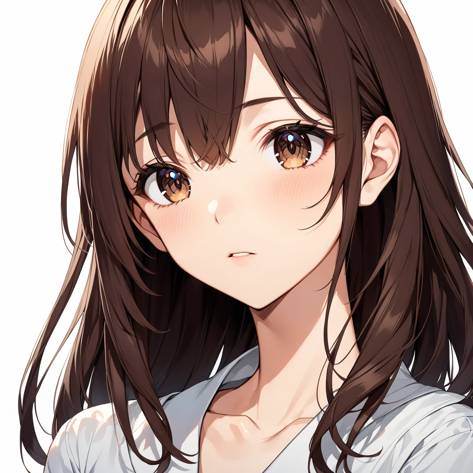 masterpiece,High resolution,alone,高精細CG Unity 8K,realistic,RAW photo,1 girl,(White V Neck T-Shirt),Accurate, anatomically correct, symmetrical eyes,(black eye),(small breasts),light brown hair,(very short hair),(messy hair),(asymmetrical bangs),(elevation angle:1),(black eyes),(white background:1),