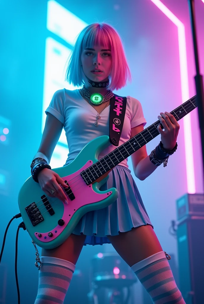 An android (lovely woman, sparkly exciting outfit, backlit eyes, neon joints) neon highlight guitar, performing in a nice cafe (safe for work)