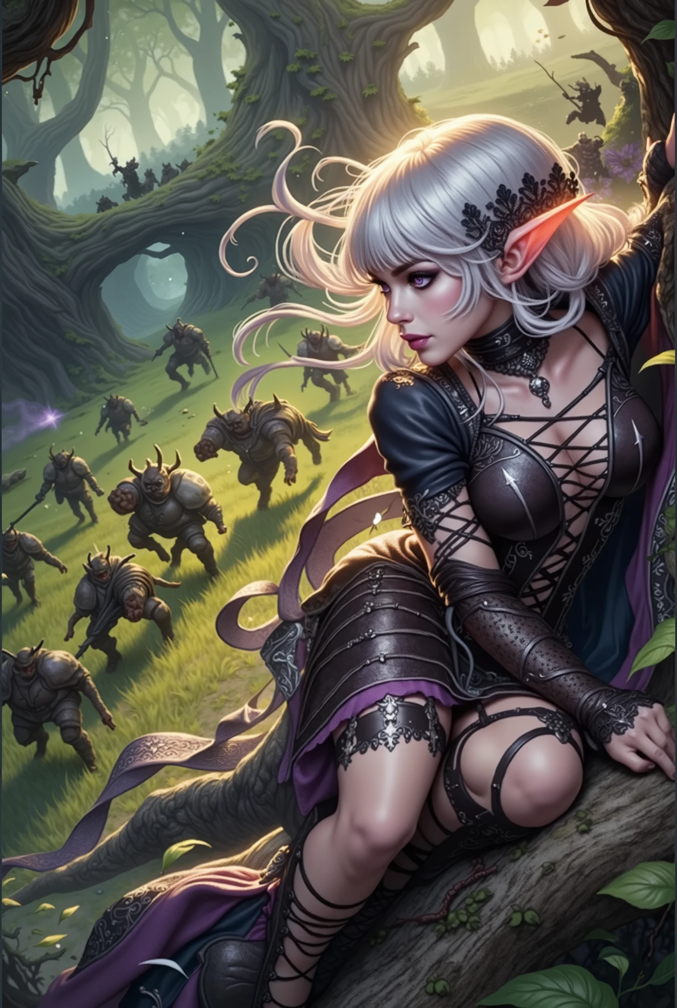 (Ultra-detailed face, Looking Away, Gothic Illustration, Dark Tone Colors.) , BREAK
(White gas, misty forest. Rolling hills, the ground covered with grass and sheep's teeth, vines coiling around the trees. A female dark elf wizard twists her body and ducks behind a large tree, watching her pursuing orc warriors.) , BREAK
(The female dark elf has white hair and white eyebrows, crisp bangs, long wavy hair to her waist, small pink lips, lavender eyes, dark purple skin, and dark eyeliner.), (She wears a shiny black bib necklace with a net covering her neck. She wears a deep red medieval European classic court dress-style lace-up dress with embroidery and gold braid. She wears black laced sandals with silver embellishments.)