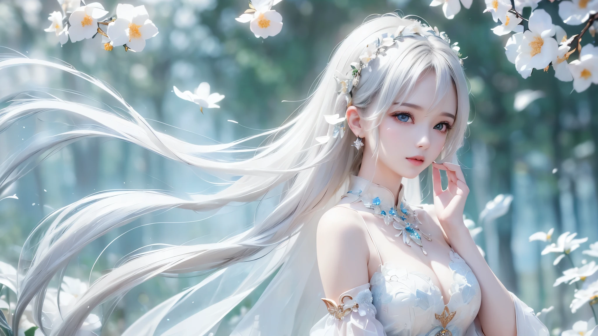 white theme. ((masterpiece:1.5、8k、 portraits、フォトリアリスティックでvery well detailedなCG、very well detailed、Particle Effects、dynamic effects、writing boundary depth、 cinematic light 、lens flare on the back、ray tracing from the waist、table top to pinch、realistic:1.4、ultra high resolution:1.2、realistic、realistic))((one girl、, woman in a sexy dress:1.4、model with a modest body line、side bust、detailed face、 bright表情、 young, bright, Whiter skin、Great looks、ultimate beauty、Sparkling highlights for grey hair:1.8、 bright and shiny hair、Super Long, smooth, straight hair、fluttering hair in meadow))(Wonderful transparent flower々 、white background、 amazing background 、Thin petals fluttering down)