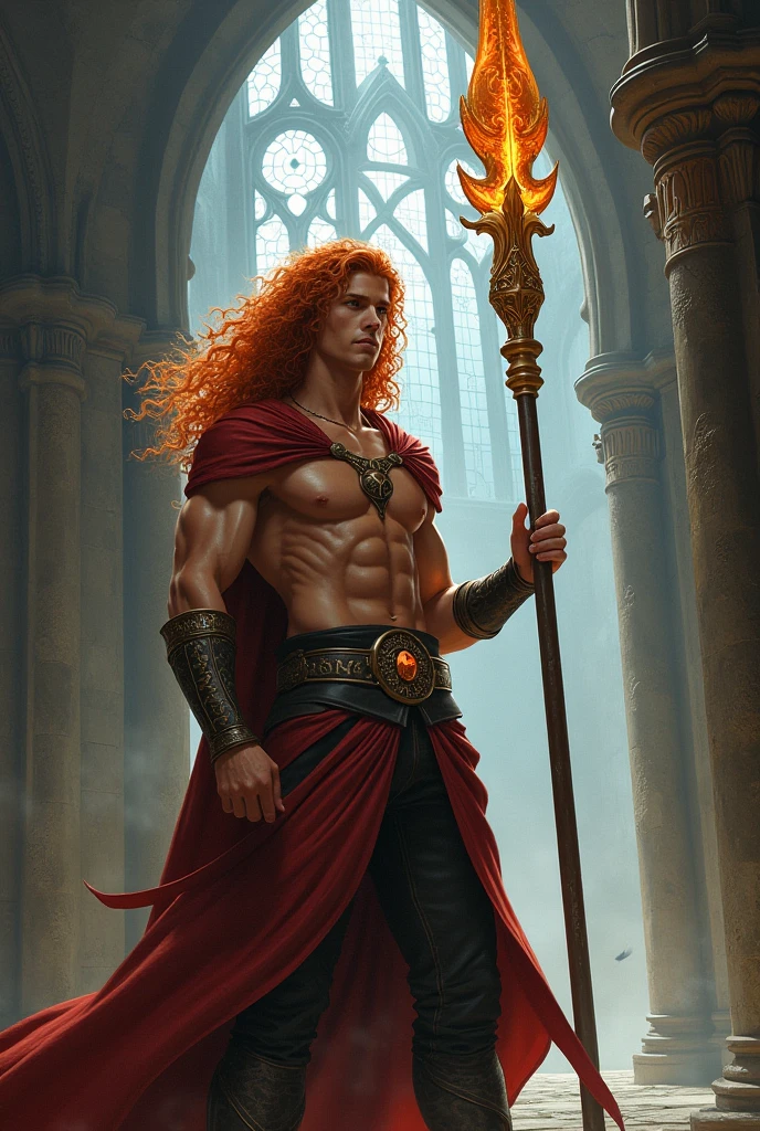 A painted portrait of a fitted Nergal, god of the underworld, anunnaki god, red hair, evil eyes, male, mature, handsome, upper body, muscular, hairy torso, fantasy, intricate, elegant, highly detailed, digital painting, art station, concept art, soft, sharp focus, illustration, art by Gaston Bussiere and Alphonse Mucha