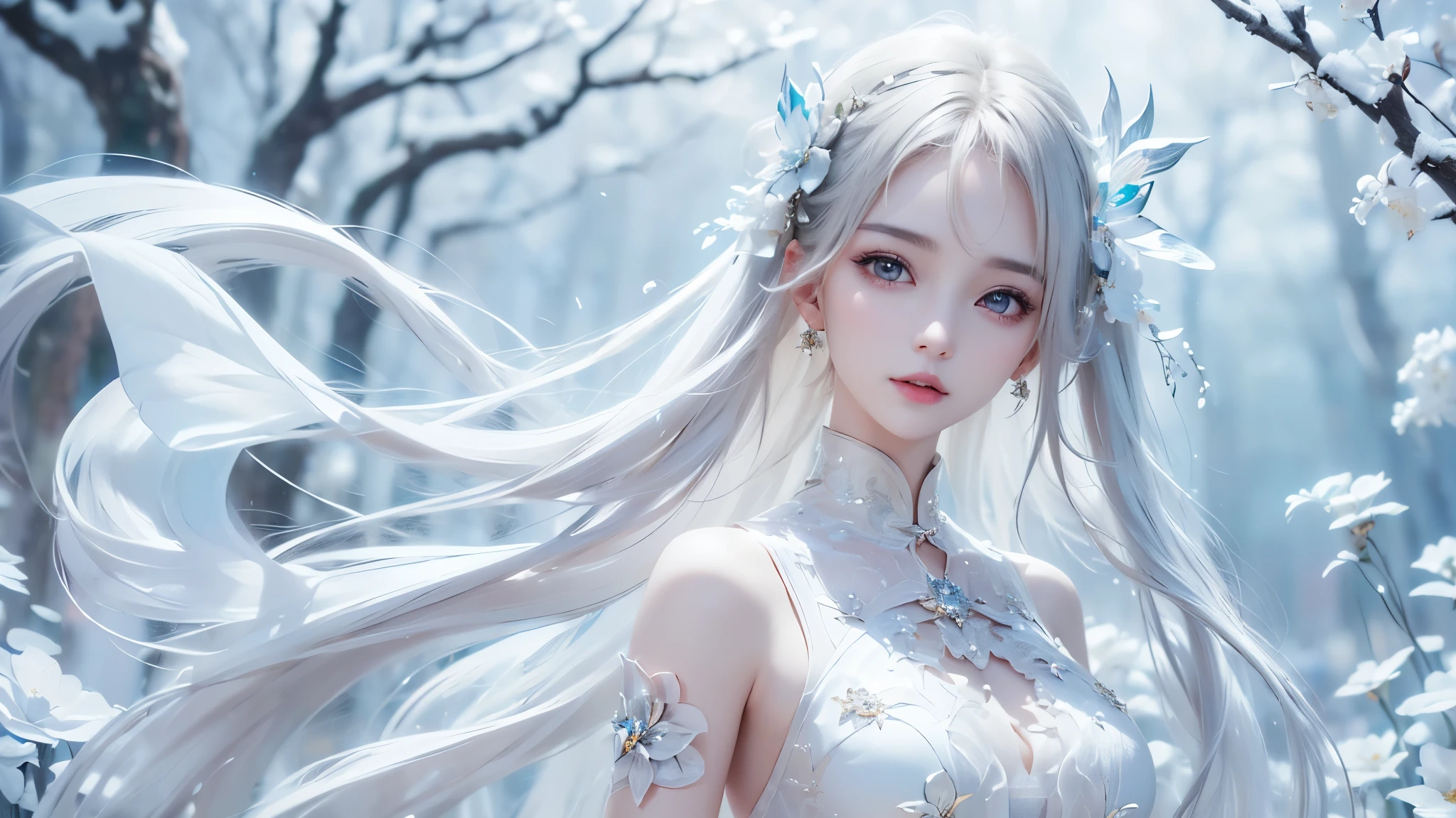 white theme. ((masterpiece:1.5、8k、 portraits、フォトリアリスティックでvery well detailedなCG、very well detailed、Particle Effects、dynamic effects、writing boundary depth、 cinematic light 、lens flare on the back、ray tracing from the waist、table top to pinch、realistic:1.4、ultra high resolution:1.2、realistic、realistic))((one girl、, woman in a sexy dress:1.4、model with a modest body line、side bust、detailed face、 bright表情、 young, bright, Whiter skin、Great looks、ultimate beauty、Sparkling highlights for grey hair:1.8、 bright and shiny hair、Super Long, smooth, straight hair、fluttering hair in meadow))(Wonderful transparent flower々 、white background、 amazing background 、Thin petals fluttering down)