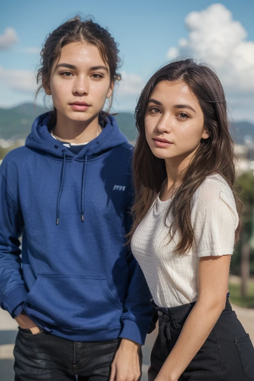 A 16 year old blonde girl, baby face, and small stature, with a blue sweater with a white collar, and pink skirt,Hugging a black-haired girl, rude face, with a black t-shirt that says nirvana, and baggy denim shot age 18